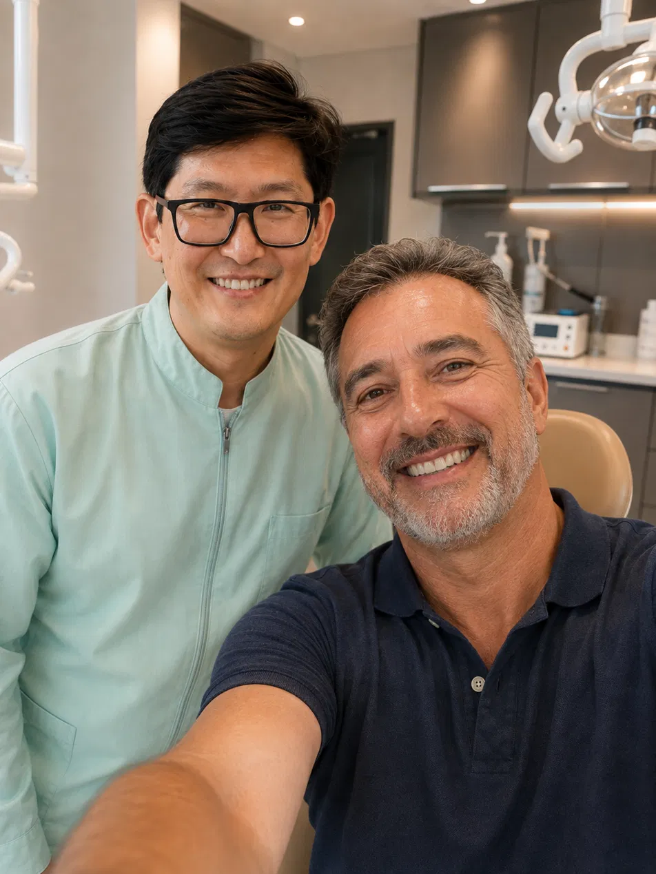 Dr. Helder sorrindo ao lado de paciente