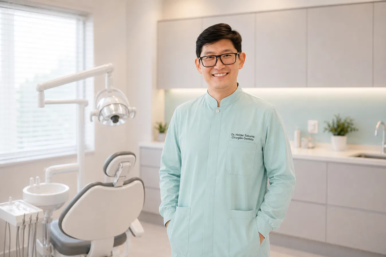 Dr. Helder Sakuma em pé no consultório odontológico